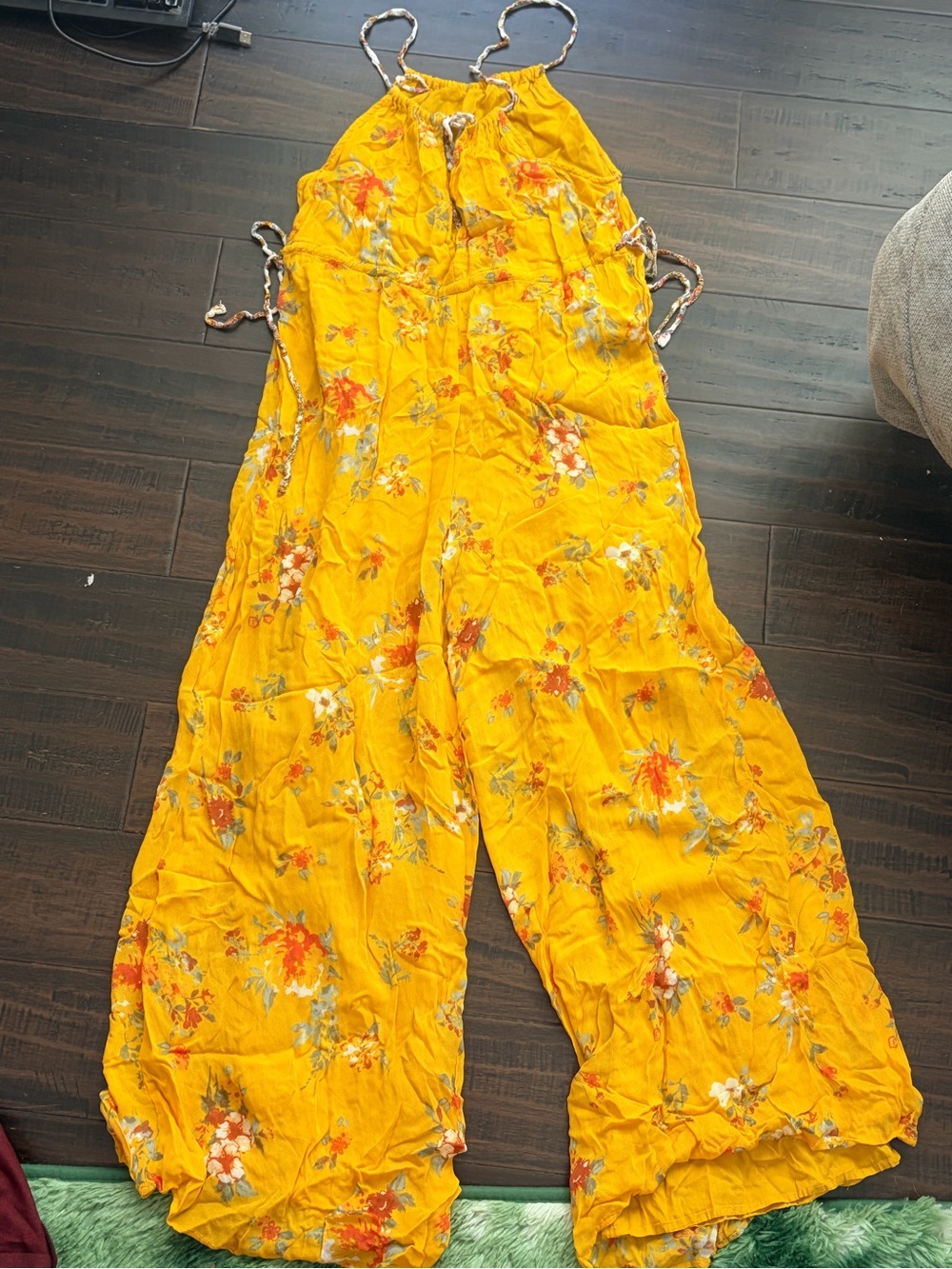 Floral Halter Wide-Leg Jumpsuit Mustard Yellow Free People Georgia Jumper Gold - Picture 4 of 8
